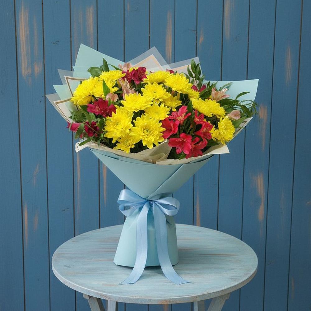 Букет цветов из: Альстромерии и Хризантемы в Посёлок центральной усадьбы совхоза Мир
