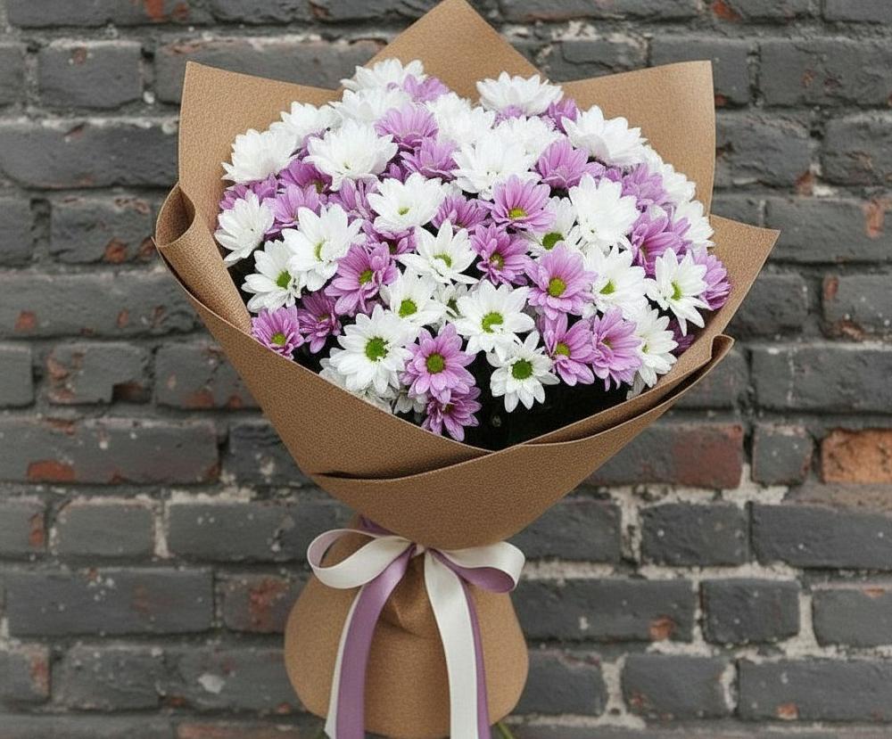 Букет цветов из: Хризантемы в Посёлок центральной усадьбы совхоза Мир