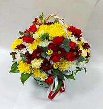 Цветочная композиция из Хризантемы и Розы в корзине #REPLACE_PRED# Посёлок центральной усадьбы совхоза Мир