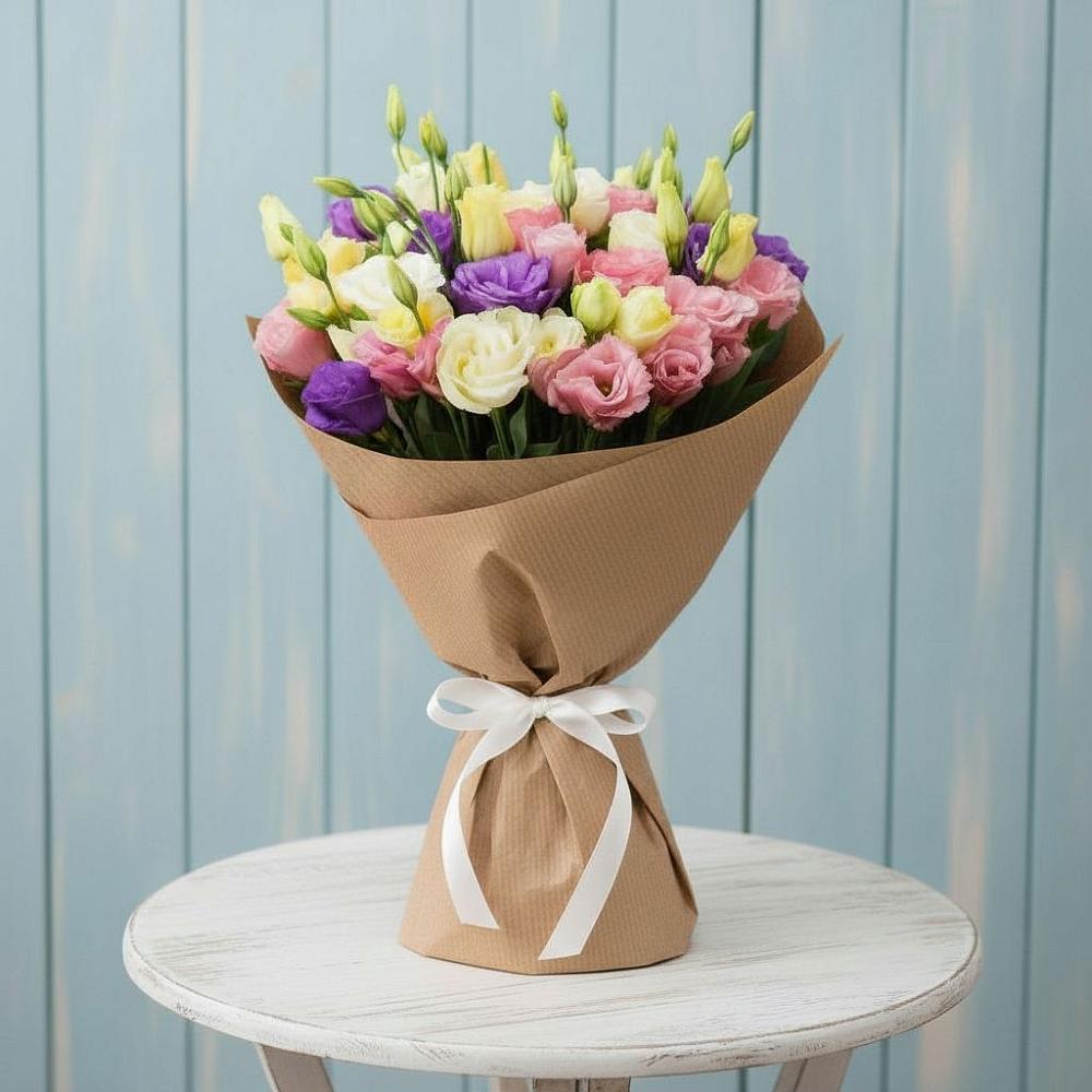 Букет цветов из: Лизиантусы в Посёлок центральной усадьбы совхоза Мир