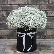 Цветочная композиция из Гипсофила в шляпной коробке в Посёлок центральной усадьбы совхоза Мир