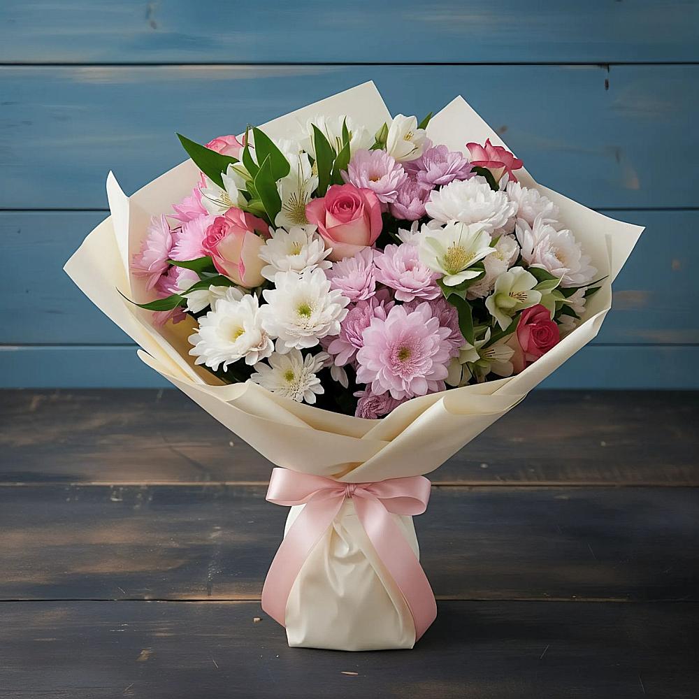 Букет цветов из: Хризантемы, Альстромерии и Розы в Посёлок центральной усадьбы совхоза Мир